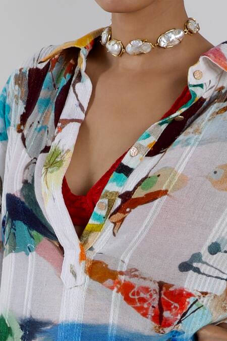 She'll Multi Color Cotton Collared, Scoop Neck Abstract Print Trapeze Dress And Bralette Online at Aza Fashions She'll_Multi Color Cotton Collared, Scoop Neck Abstract Print Trapeze Dress And Bralette _Online_at_Aza_Fashions