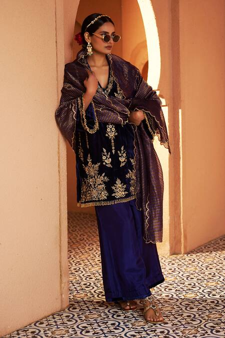 Shop_Shalkii_Blue Silk, Cotton, Tissue Cut Work, Pearls, Zardozi Embroidered Kurta Set _Online_at_Aza_Fashions