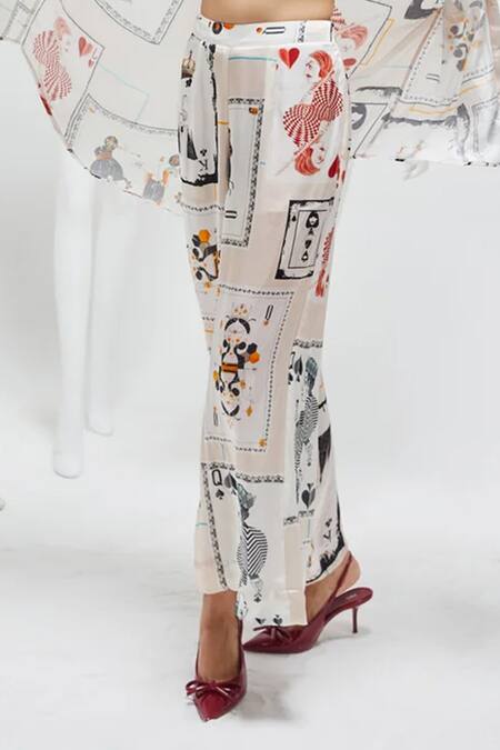 She'll White Satin, Chiffon Lace Collared, Bandeau Neck Card Print Shirt And Pant Set Online at Aza Fashions She'll_White Satin, Chiffon Lace Collared, Bandeau Neck Card Print Shirt And Pant Set _Online_at_Aza_Fashions