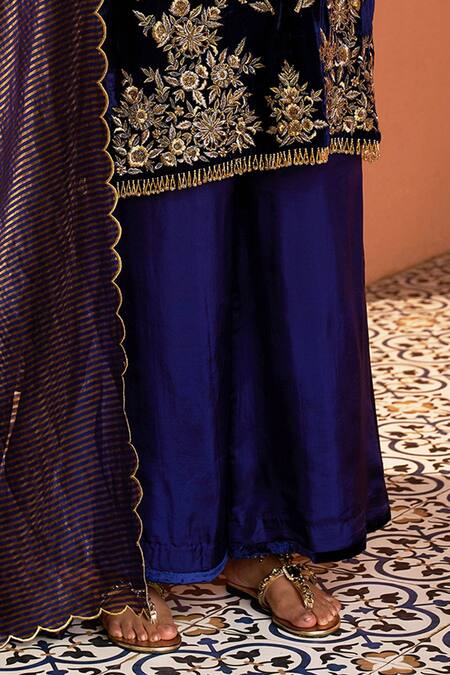 Shalkii_Blue Silk, Cotton, Tissue Cut Work, Pearls, Zardozi Embroidered Kurta Set _at_Aza_Fashions