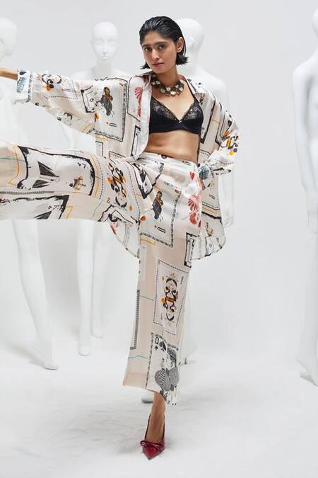 Buy She'll White Satin, Chiffon Lace Collared, Bandeau Neck Card Print Shirt And Pant Set Online at Aza Fashions Buy_She'll_White Satin, Chiffon Lace Collared, Bandeau Neck Card Print Shirt And Pant Set _Online_at_Aza_Fashions