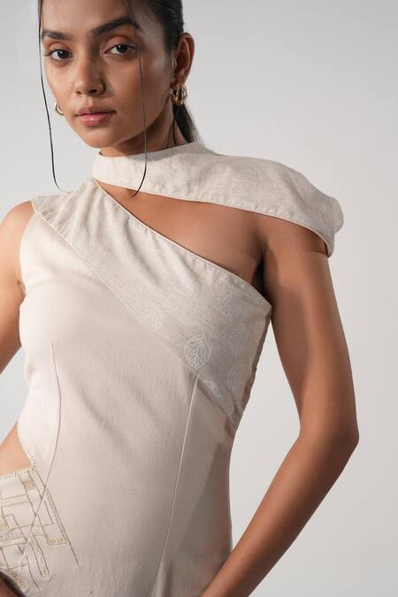 Buy_Orthodox_Pink Lycra, Denim Embroidery Round Neck Zardozi Midi Dress _Online_at_Aza_Fashions