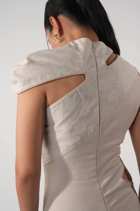 Shop_Orthodox_Pink Lycra, Denim Embroidery Round Neck Zardozi Midi Dress _Online_at_Aza_Fashions