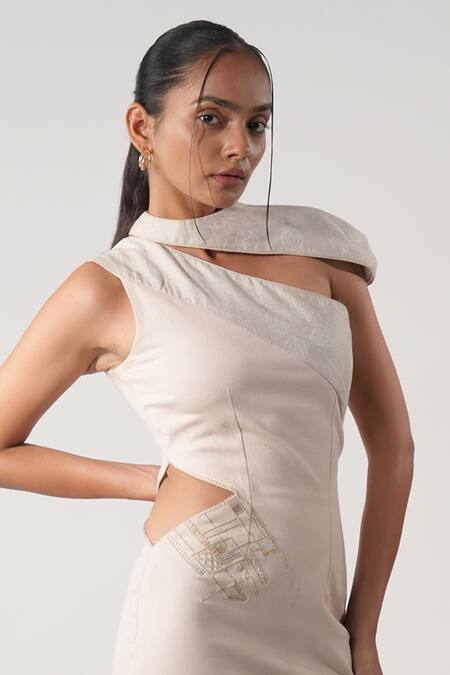 Shop Orthodox Pink Lycra, Denim Embroidery Round Neck Zardozi Midi Dress Shop_Orthodox_Pink Lycra, Denim Embroidery Round Neck Zardozi Midi Dress