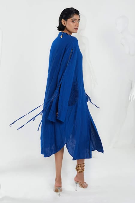 Shop She'll Blue Linen Beads, Cut Work Mandarin Electric Beaded Drawstring Shirt Dress at Aza Fashions Shop_She'll_Blue Linen Beads, Cut Work Mandarin Electric Beaded Drawstring Shirt Dress _at_Aza_Fashions