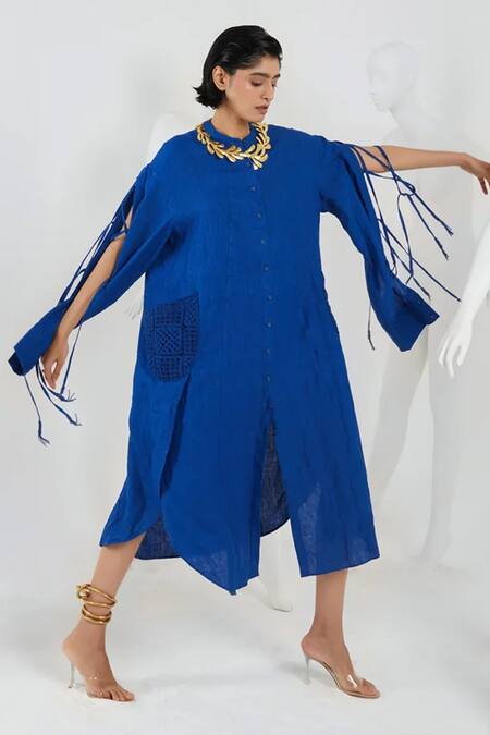 She'll Blue Linen Beads, Cut Work Mandarin Electric Beaded Drawstring Shirt Dress Online at Aza Fashions She'll_Blue Linen Beads, Cut Work Mandarin Electric Beaded Drawstring Shirt Dress _Online_at_Aza_Fashions