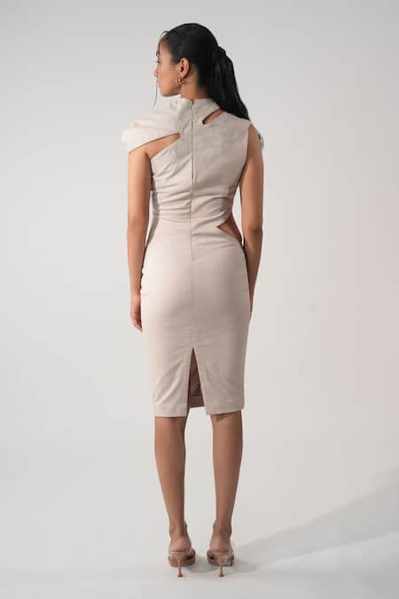 Shop Orthodox Pink Lycra, Denim Embroidery Round Neck Zardozi Midi Dress at Aza Fashions Shop_Orthodox_Pink Lycra, Denim Embroidery Round Neck Zardozi Midi Dress _at_Aza_Fashions