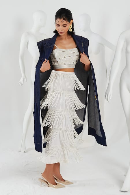 Shop She'll Blue Cotton, Denim, Lycra Beads, Fringe Open Neck, Collared Jacket And Skirt Set at Aza Fashions Shop_She'll_Blue Cotton, Denim, Lycra Beads, Fringe Open Neck, Collared Jacket And Skirt Set _at_Aza_Fashions