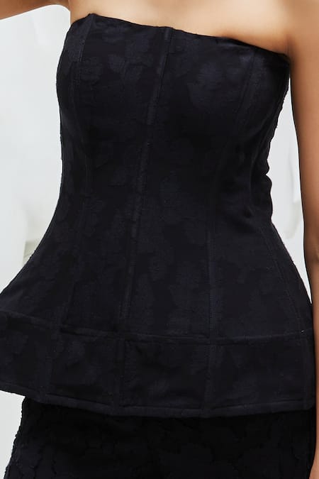 Shop She'll Black Georgette Square Neck Floral Corset Top And Pant Set at Aza Fashions Shop_She'll_Black Georgette Square Neck Floral Corset Top And Pant Set _at_Aza_Fashions
