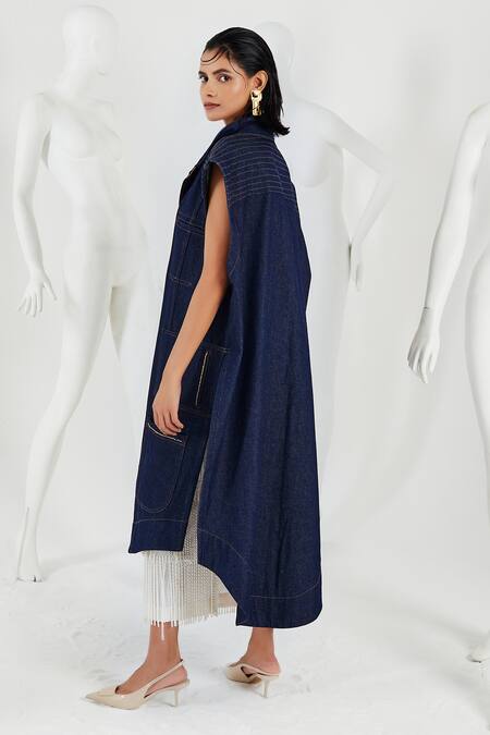 She'll Blue Cotton, Denim, Lycra Beads, Fringe Open Neck, Collared Jacket And Skirt Set Online at Aza Fashions She'll_Blue Cotton, Denim, Lycra Beads, Fringe Open Neck, Collared Jacket And Skirt Set _Online_at_Aza_Fashions