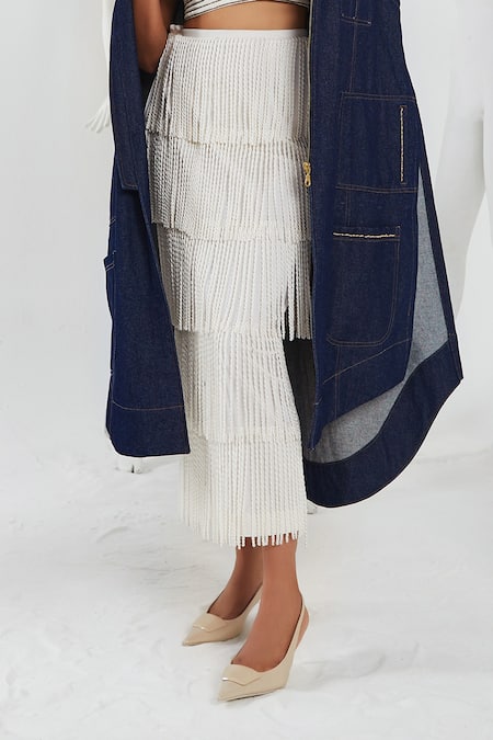 Buy She'll Blue Cotton, Denim, Lycra Beads, Fringe Open Neck, Collared Jacket And Skirt Set Online at Aza Fashions Buy_She'll_Blue Cotton, Denim, Lycra Beads, Fringe Open Neck, Collared Jacket And Skirt Set _Online_at_Aza_Fashions