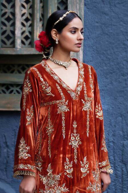 Shalkii_Orange Silk, Velvet, Tissue Cut Work, Pearls, Sequins Embroidered Kurta Set _Online_at_Aza_Fashions