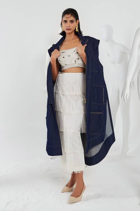 Shop She'll Blue Cotton, Denim, Lycra Beads, Fringe Open Neck, Collared Jacket And Skirt Set Online at Aza Fashions Shop_She'll_Blue Cotton, Denim, Lycra Beads, Fringe Open Neck, Collared Jacket And Skirt Set _Online_at_Aza_Fashions