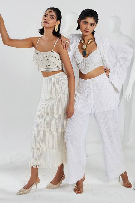 She'll Blue Cotton, Denim, Lycra Beads, Fringe Open Neck, Collared Jacket And Skirt Set at Aza Fashions She'll_Blue Cotton, Denim, Lycra Beads, Fringe Open Neck, Collared Jacket And Skirt Set _at_Aza_Fashions