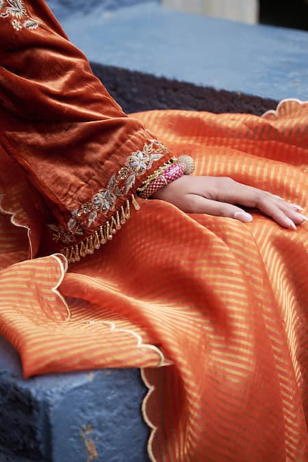 Shop_Shalkii_Orange Silk, Velvet, Tissue Cut Work, Pearls, Sequins Embroidered Kurta Set _Online_at_Aza_Fashions