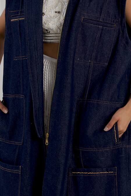 Buy She'll Blue Cotton, Denim, Lycra Beads, Fringe Open Neck, Collared Jacket And Skirt Set Buy_She'll_Blue Cotton, Denim, Lycra Beads, Fringe Open Neck, Collared Jacket And Skirt Set