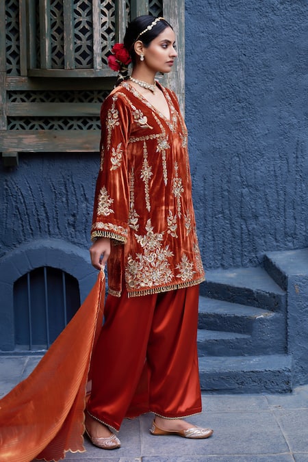 Shalkii_Orange Silk, Velvet, Tissue Cut Work, Pearls, Sequins Embroidered Kurta Set _at_Aza_Fashions