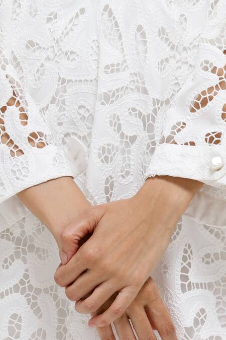 She'll White Cotton, Lycra, Lace Collared Lapel Neck Sheer Cord Dress Online at Aza Fashions She'll_White Cotton, Lycra, Lace Collared Lapel Neck Sheer Cord Dress _Online_at_Aza_Fashions