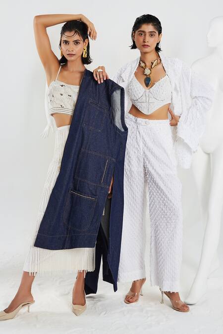 Shop She'll Blue Cotton, Denim, Lycra Beads, Fringe Open Neck, Collared Jacket And Skirt Set Shop_She'll_Blue Cotton, Denim, Lycra Beads, Fringe Open Neck, Collared Jacket And Skirt Set