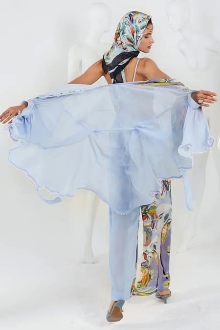 Shop She'll Blue Georgette Lace Collared, Halter Neck Nature Print Shirt Pant Set at Aza Fashions Shop_She'll_Blue Georgette Lace Collared, Halter Neck Nature Print Shirt Pant Set _at_Aza_Fashions