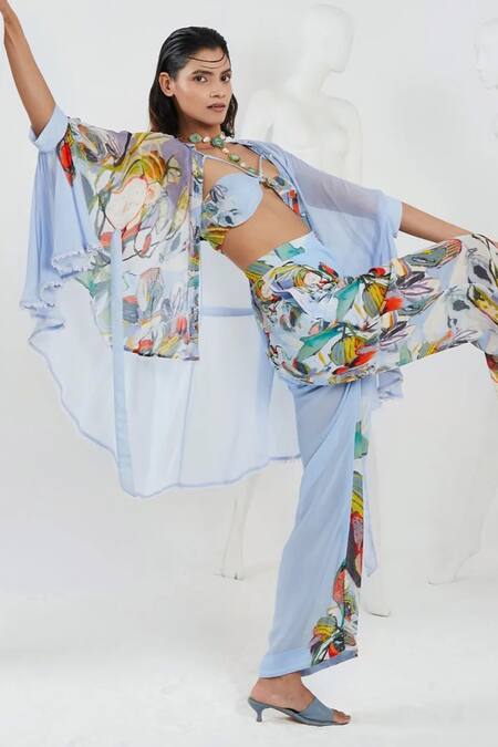 She'll Blue Georgette Lace Collared, Halter Neck Nature Print Shirt Pant Set Online at Aza Fashions She'll_Blue Georgette Lace Collared, Halter Neck Nature Print Shirt Pant Set _Online_at_Aza_Fashions