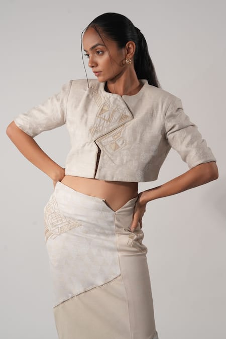 Orthodox_Beige Hemp Embroidery Round Neck Leaf Print Designer Jacket _Online_at_Aza_Fashions
