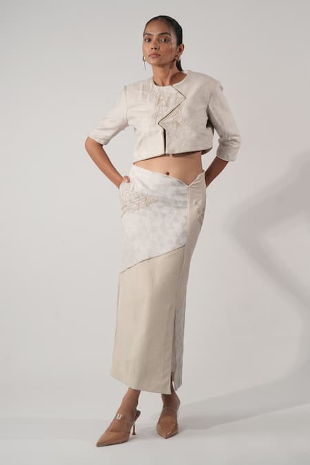 Buy_Orthodox_Beige Hemp Embroidery Round Neck Leaf Print Designer Jacket _Online_at_Aza_Fashions