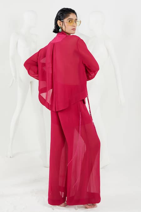 Shop She'll Magenta Georgette, Satin Tassels Collared Layered Shirt And Pant Set at Aza Fashions Shop_She'll_Magenta Georgette, Satin Tassels Collared Layered Shirt And Pant Set _at_Aza_Fashions