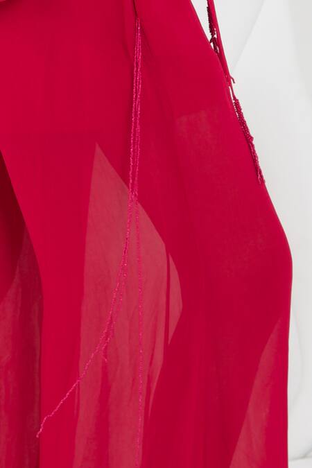 Buy She'll Magenta Georgette, Satin Tassels Collared Layered Shirt And Pant Set Online at Aza Fashions Buy_She'll_Magenta Georgette, Satin Tassels Collared Layered Shirt And Pant Set _Online_at_Aza_Fashions