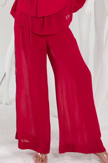 Shop She'll Magenta Georgette, Satin Tassels Collared Layered Shirt And Pant Set Online at Aza Fashions Shop_She'll_Magenta Georgette, Satin Tassels Collared Layered Shirt And Pant Set _Online_at_Aza_Fashions
