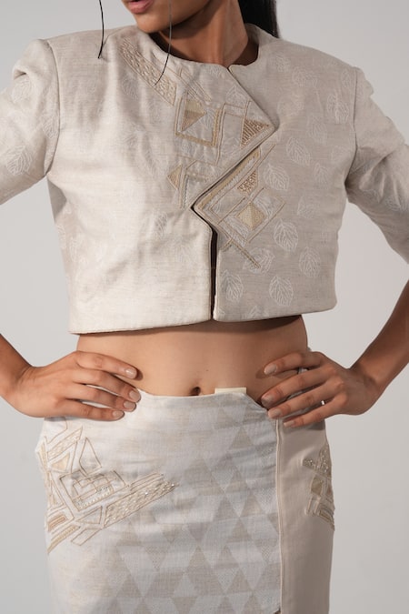 Shop_Orthodox_Beige Hemp Embroidery Round Neck Leaf Print Designer Jacket _Online_at_Aza_Fashions