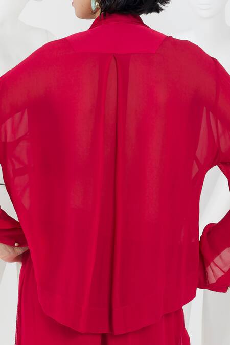 She'll Magenta Georgette, Satin Tassels Collared Layered Shirt And Pant Set at Aza Fashions She'll_Magenta Georgette, Satin Tassels Collared Layered Shirt And Pant Set _at_Aza_Fashions