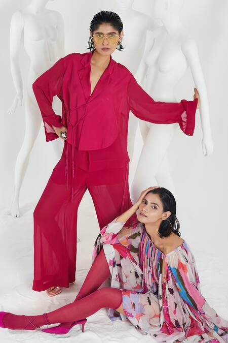 Buy She'll Magenta Georgette, Satin Tassels Collared Layered Shirt And Pant Set Buy_She'll_Magenta Georgette, Satin Tassels Collared Layered Shirt And Pant Set