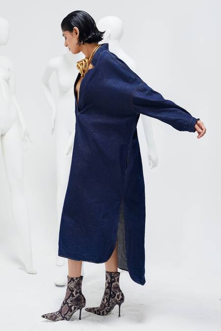 She'll_Blue Denim Collared Oversized Dress With High Low Hem _Online_at_Aza_Fashions