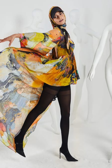Shop She'll Yellow Chiffon, Viscose Sweetheart Neck Abstract Print High Low Dress at Aza Fashions Shop_She'll_Yellow Chiffon, Viscose Sweetheart Neck Abstract Print High Low Dress _at_Aza_Fashions
