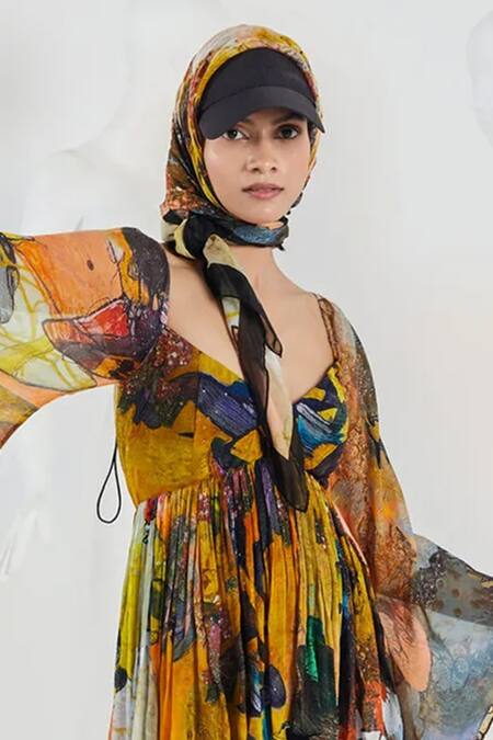 She'll Yellow Chiffon, Viscose Sweetheart Neck Abstract Print High Low Dress Online at Aza Fashions She'll_Yellow Chiffon, Viscose Sweetheart Neck Abstract Print High Low Dress _Online_at_Aza_Fashions