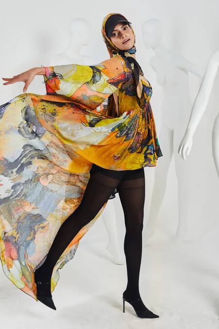 Buy She'll Yellow Chiffon, Viscose Sweetheart Neck Abstract Print High Low Dress Online at Aza Fashions Buy_She'll_Yellow Chiffon, Viscose Sweetheart Neck Abstract Print High Low Dress _Online_at_Aza_Fashions