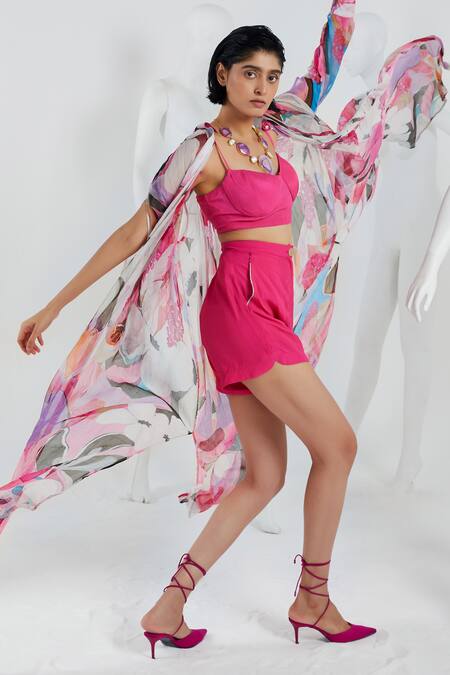 She'll Pink Crepe, Chiffon Beads Sweetheart Floral Abstract Print Shirt And Shorts Set at Aza Fashions She'll_Pink Crepe, Chiffon Beads Sweetheart Floral Abstract Print Shirt And Shorts Set _at_Aza_Fashions