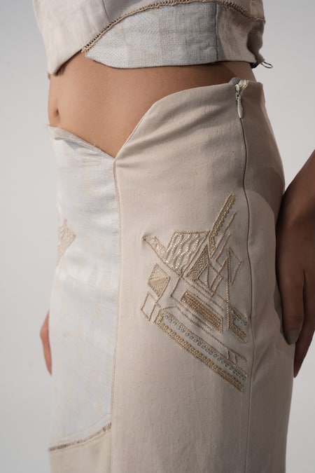 Orthodox_Gray Lycra, Denim Cut Work, Sequins Grey Triangle Print Embroidered Skirt _Online_at_Aza_Fashions
