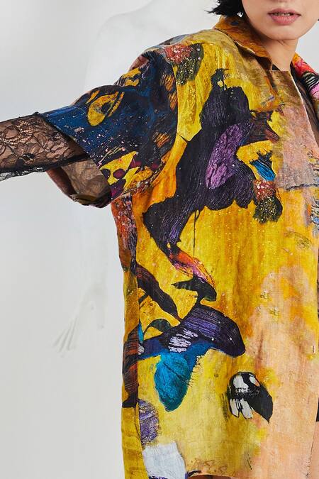 She'll Yellow Linen Collared Abstract Print Shirt Online at Aza Fashions She'll_Yellow Linen Collared Abstract Print Shirt_Online_at_Aza_Fashions