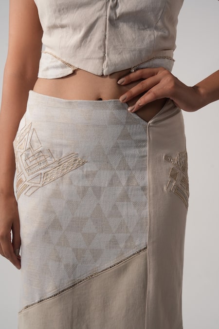 Buy_Orthodox_Gray Lycra, Denim Cut Work, Sequins Grey Triangle Print Embroidered Skirt _Online_at_Aza_Fashions