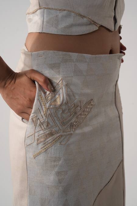 Shop_Orthodox_Gray Lycra, Denim Cut Work, Sequins Grey Triangle Print Embroidered Skirt _Online_at_Aza_Fashions