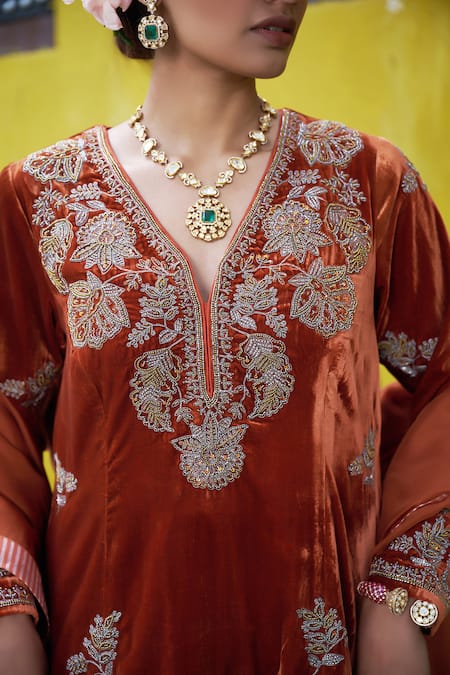 Shalkii_Orange Velvet, Cotton, Silk Cut Work, Sequins, Zari Embroidered Kurta Set _at_Aza_Fashions