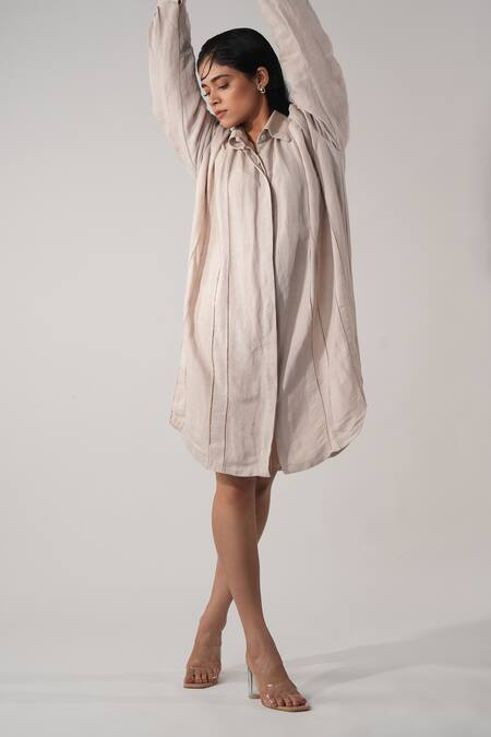 Orthodox_Pink Hemp Embroidery Collared Stitchline Thread Dress _Online_at_Aza_Fashions