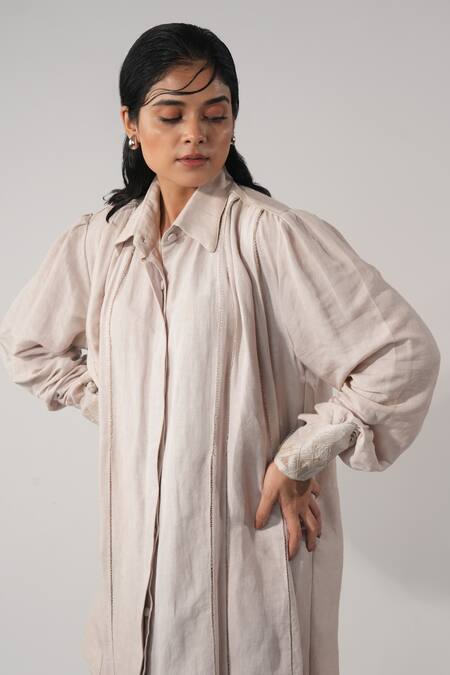 Buy_Orthodox_Pink Hemp Embroidery Collared Stitchline Thread Dress _Online_at_Aza_Fashions