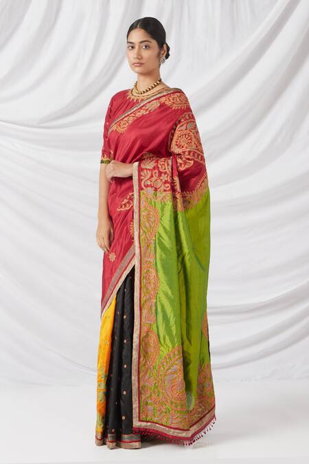 Latha Puttanna_Red Chanderi Silk Embroidery Round Neck Multi Color Paisley Blossom Saree_Online_at_Aza_Fashions