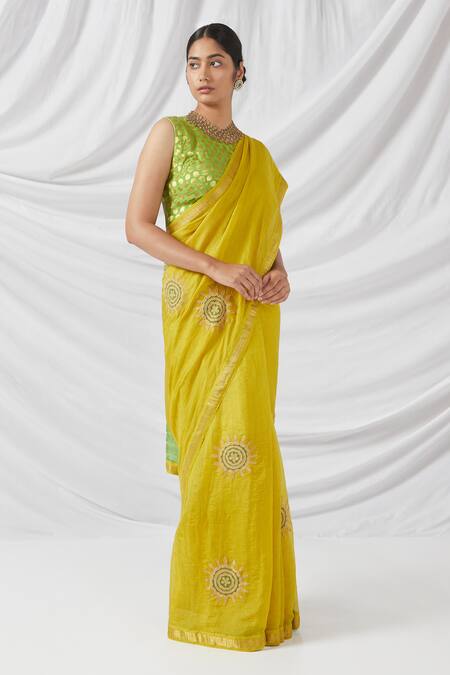Latha Puttanna_Yellow Silk Applique, Embroidery Round Neck Padmini Bloom Saree And Butti Blouse_Online_at_Aza_Fashions