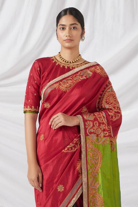 Buy_Latha Puttanna_Red Chanderi Silk Embroidery Round Neck Multi Color Paisley Blossom Saree_Online_at_Aza_Fashions