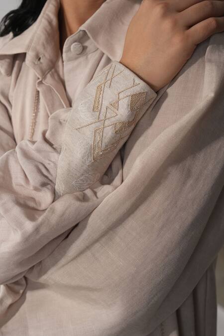 Orthodox_Pink Hemp Embroidery Collared Stitchline Thread Dress _at_Aza_Fashions