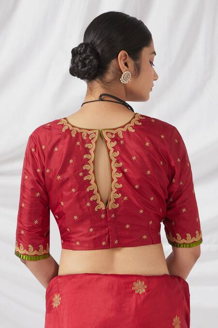 Shop_Latha Puttanna_Red Chanderi Silk Embroidery Round Neck Multi Color Paisley Blossom Saree_Online_at_Aza_Fashions